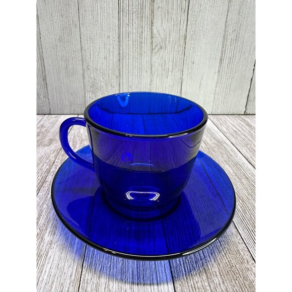 Vtg Cobalt Blue Cups 2.75" Tall and Saucers 5" DIA Depression Glass - Set of 4 - Picture 7 of 12